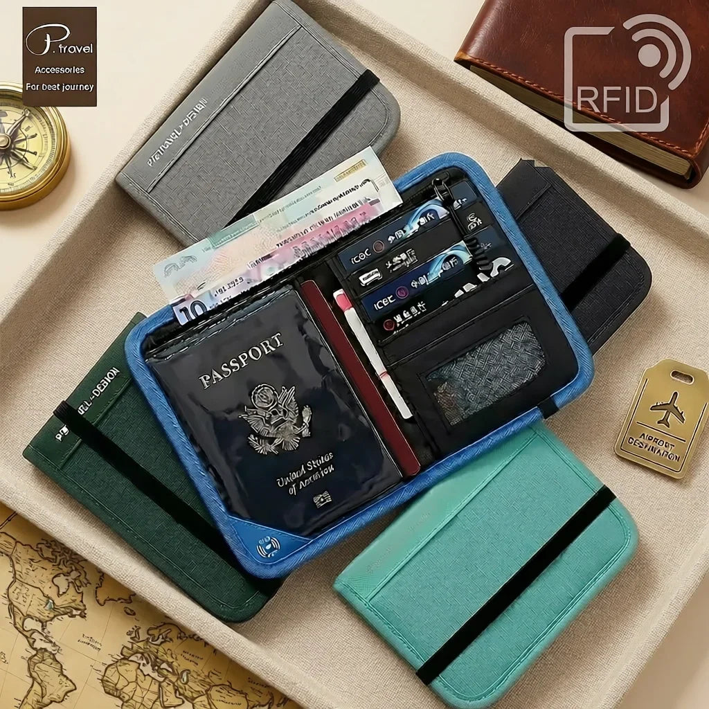 RFID Blocking Travel Wallet Passport Holder Multifunction Credit Card Case Men Women ID Document Organizer Anti-Theft Pouch