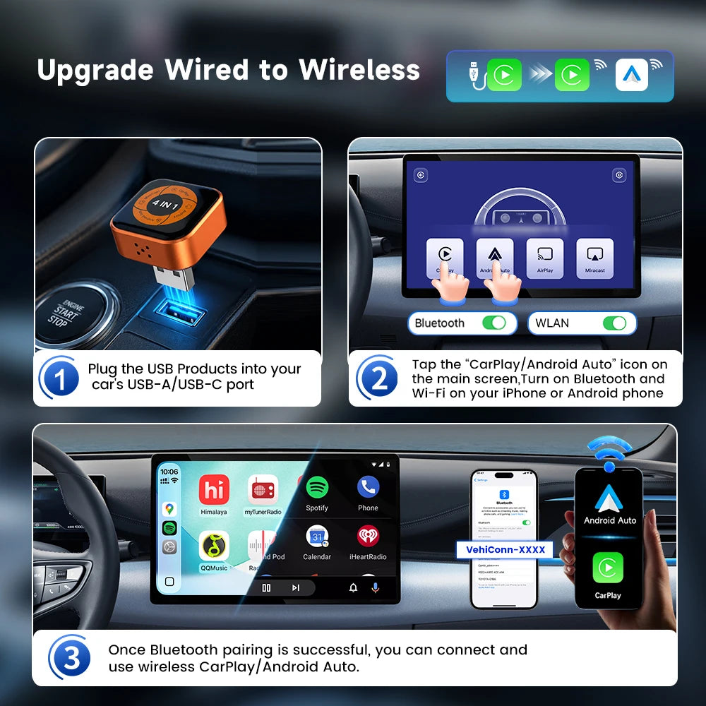 New 4-in-1 Wireless CarPlay Mini Ultra 6 Android Auto Dongle Screen Mirroring MiraCast AirPlay BT WiFi Seamless Connection OTA