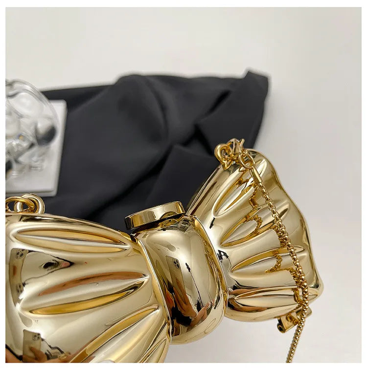 Metallic Gold 3D Bow Shaped Mini Hard Case Crossbody Bag, Glossy Mirror Surface Metal Clutch with Detachable Oval Link Chain Strap, Cute Luxury Evening Micro Handbag for Lipstick Small Accessories
