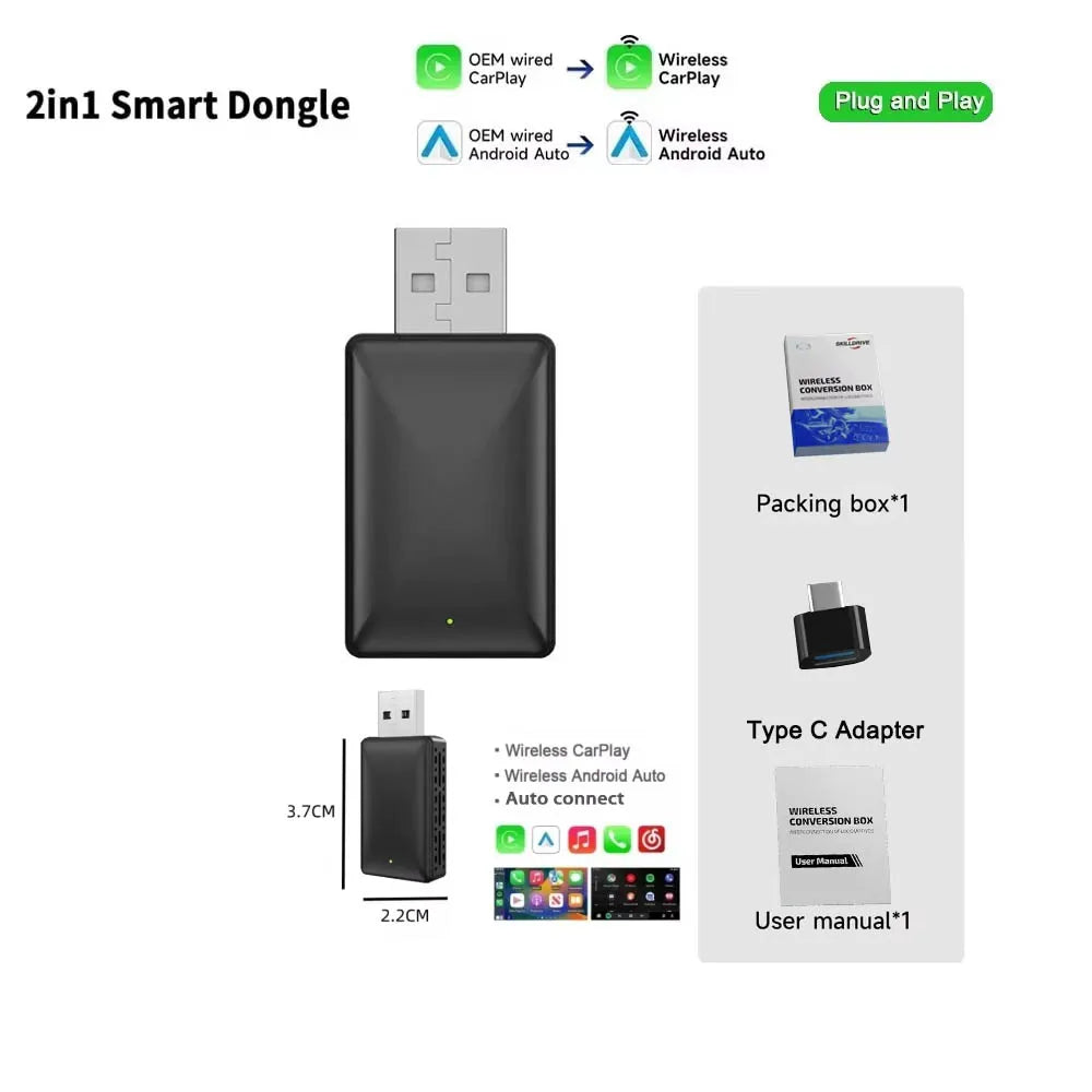 Skilldrive 2026 Mini 2 in 1 CarPlay Adapter Wireless Android Auto Adapter AI Smart Box Intelligent System for Wired CarPlay Car