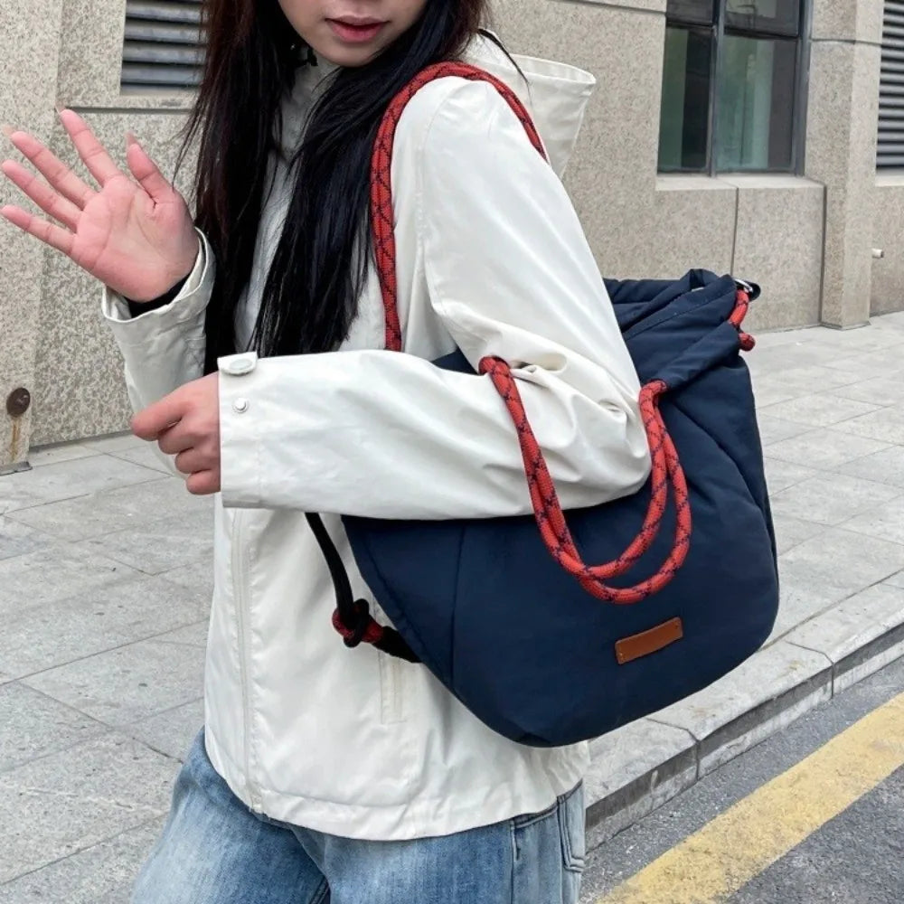 Retro Contrast Color Drawstring Shoulder Bag Webbing Large Capacity Tote Bag Multi-pocket Korean Style Handbag Date