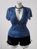 New Plus Size Paisley Print Deep V-Neck Slim Waist Short Flutter Sleeves Top Blue-Black Retro Y2K Clothes Big Size Women T-Shirt