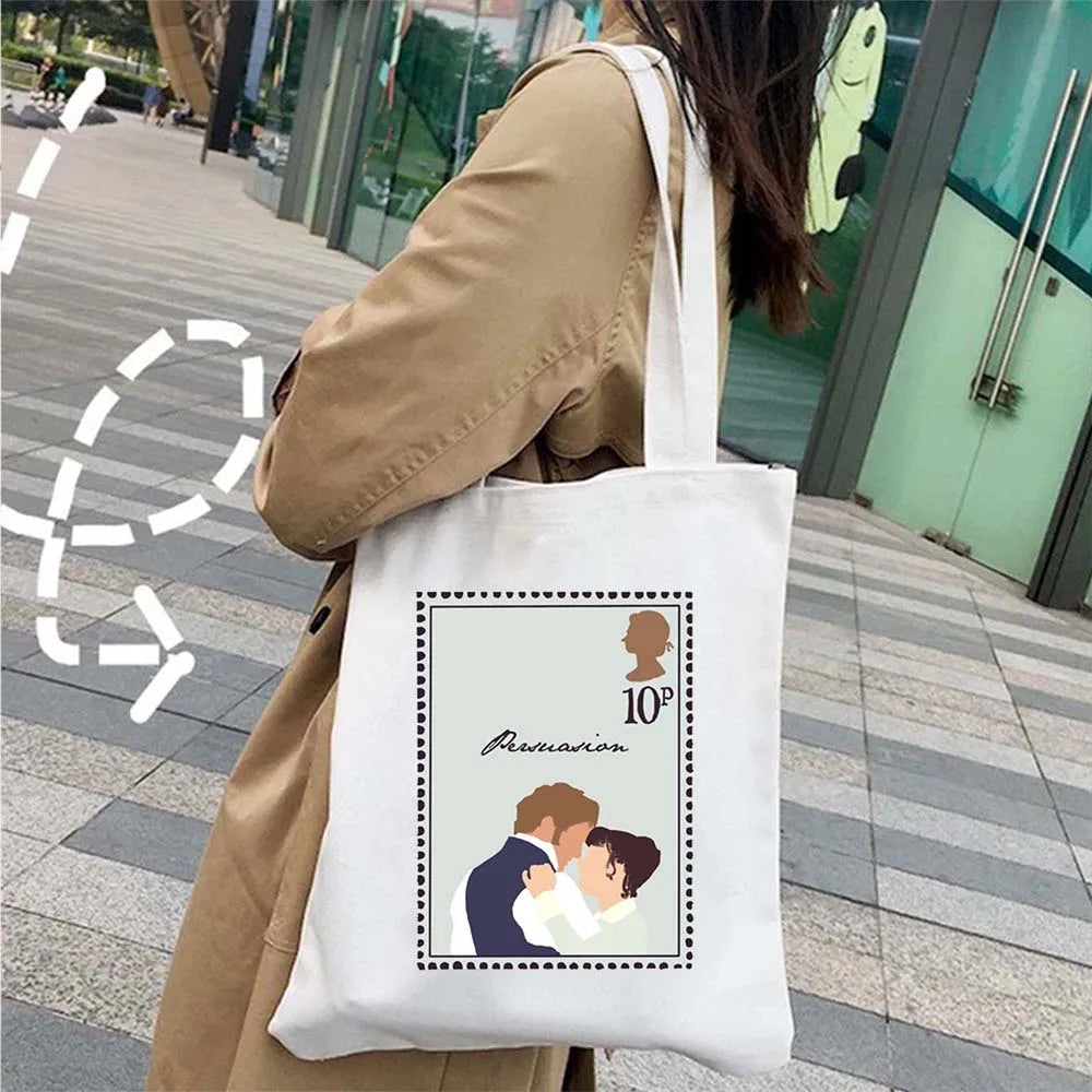 More Pride Less Prejudice Jane Austen Pride Prejudice Elizabeth Darcy Book Bennet Cartoon Shopper Canvas Tote Bag Cotton Handbag