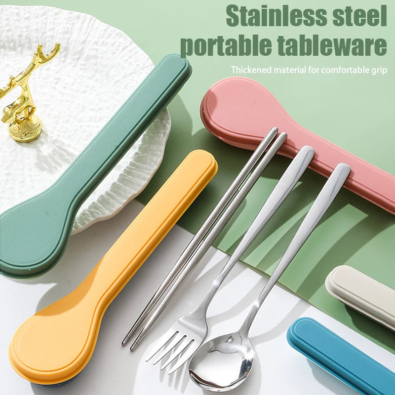 New Four Piece Cutlery Set With Box Stainless Steel Korean Cutlery Spoon Fork Chopsticks Spoon Shape Box Cutlery Travelling