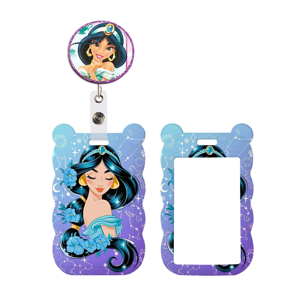 Disney Jasmine Princess Irregular Head Shape Badge Holder Lanyard Keys Chain ID Credit Card Cover Bus Card Holder Glitter Charms