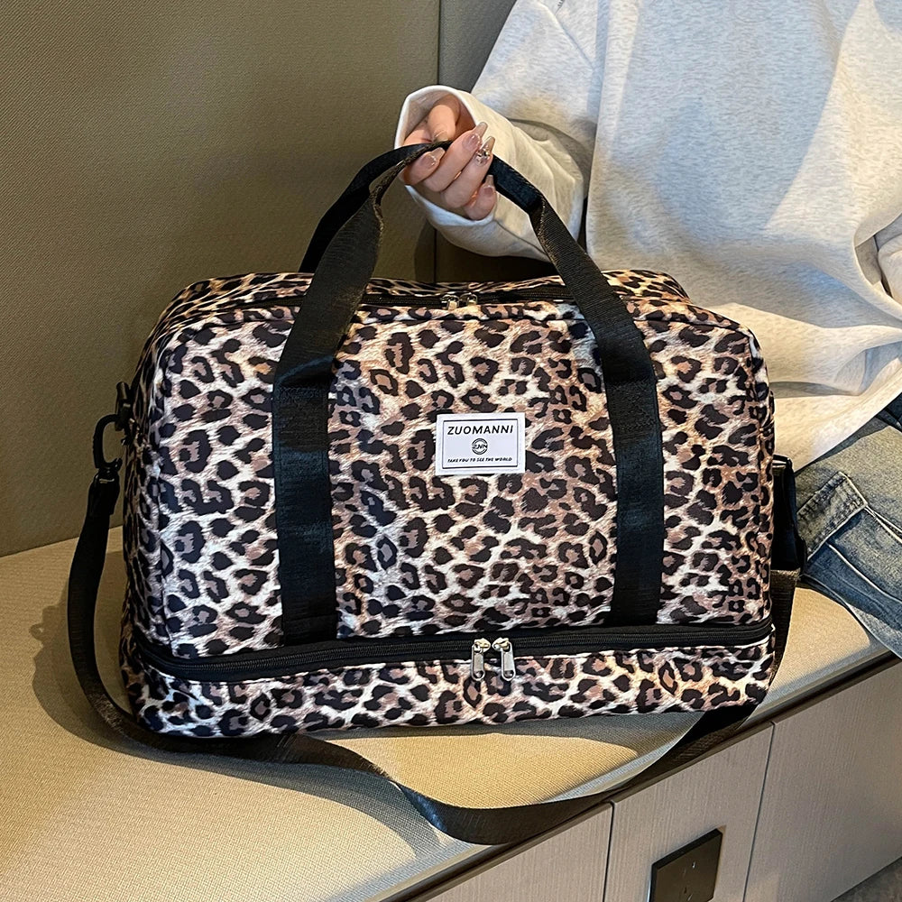 Leopard Print Carry On Travel Bag, Large Capacity Gym Bag With Independent Shoe Compartment, Weekend Overnight Duffel Bag
