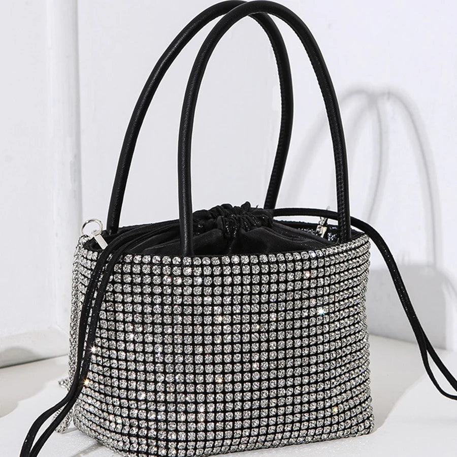 Luxury party dinner bag, drawstring diamond handbag, large capacity bucket bag, banquet chains shoulder crossbody women's bag