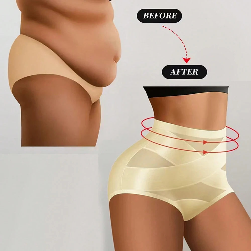 6pcs Plus Size High Waisted Tummy Tightening Ladies Panties Breathable Mesh Cross Hip Lifting Ice Silk Traceless Women's Panties