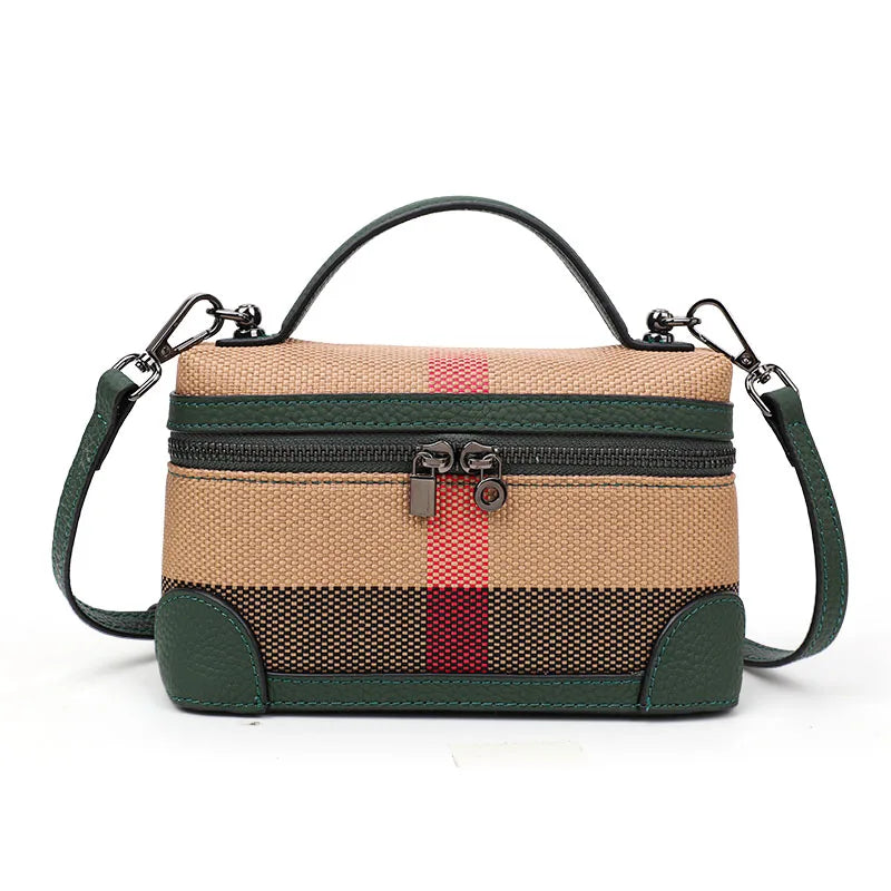 Aidrani  New women's shoulder crossbody mini bag, plaid small square bag, made of canvas and cowhide material