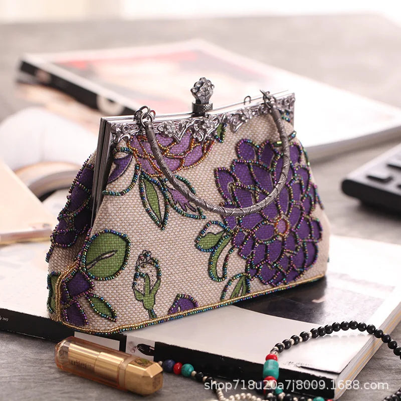 Boutique  Chinese Style Embroidery Floral Women Beaded Evening Purse Bridal Flower Clutch Bag Wedding Party Frame Handbag