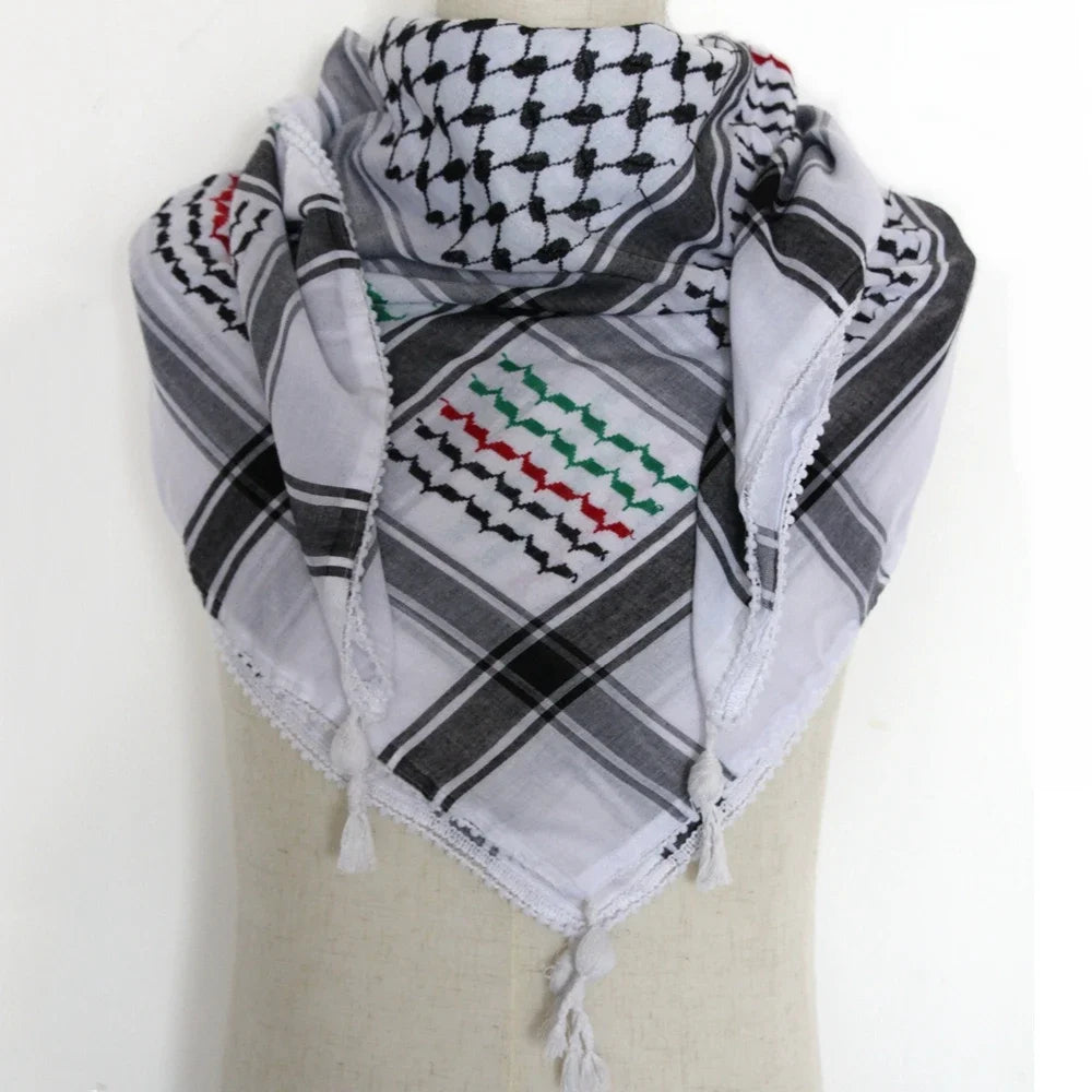 65% Cotton Unisex Scarves Desert Scarf Neck Head Wrap with Tassel Palestine Scarf Keffiyeh Arafat Hatta Arab Houndstooth