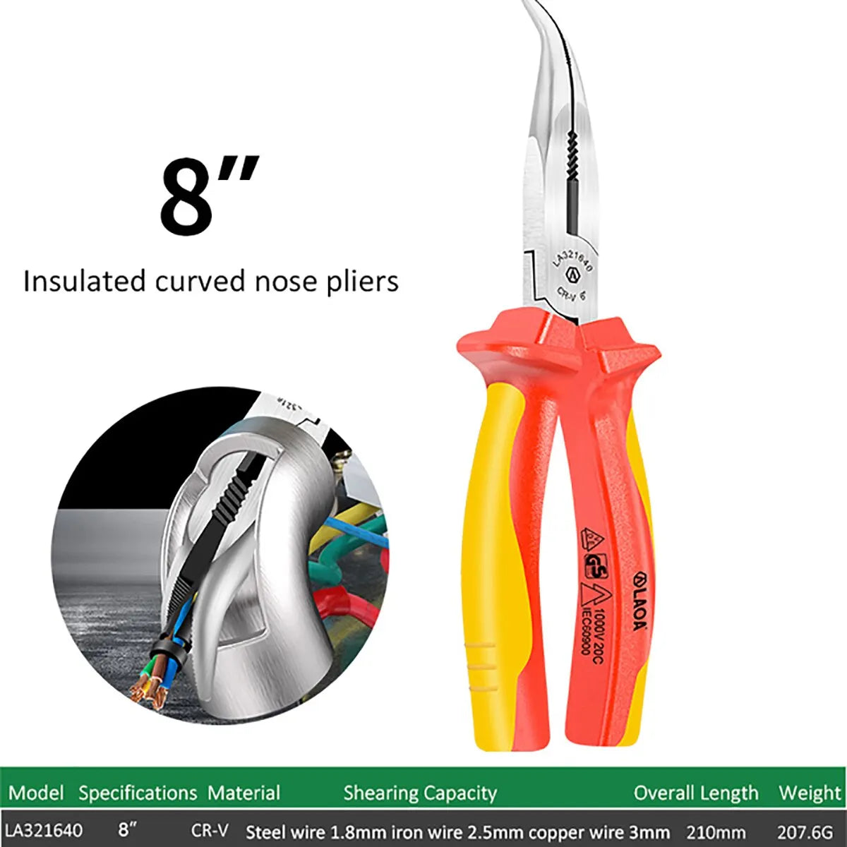 LAOA Curved Needle Nose Pliers Insulated 6/8Inch Stripping Clamping Multifunctional Household Electrician's Tools