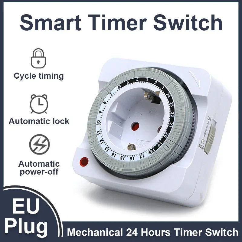 Mechanical Timer Socket EU Plug 24H Countdown Auto Power Off Programmable Cycle Energy Saving Indoor
