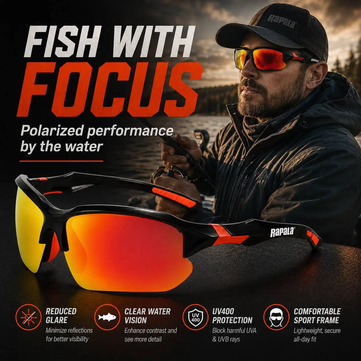 Outdoor Rapala Polarized Fishing Glasses UV400 for Fishing Riding Running Driving with Secure Fit Frame and Storage Case