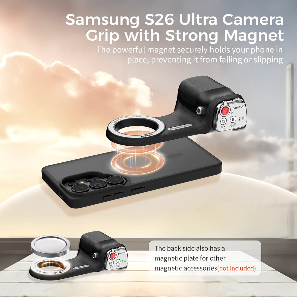 COMITOK MOCA ARCO Magnetic Camera Grip for Galaxy S26 Ultra Detachable Remote Handle with Matching Case for Vlog Video Selfie