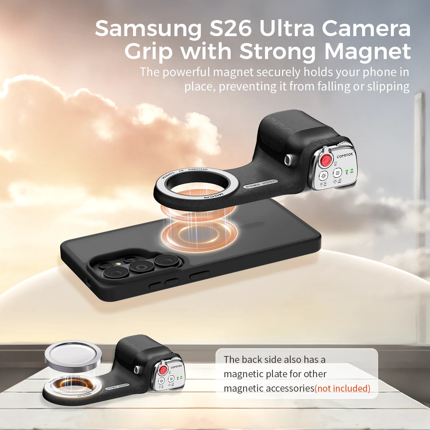 COMITOK MOCA ARCO Magnetic Camera Grip for Galaxy S26 Ultra Detachable Remote Handle with Matching Case for Vlog Video Selfie