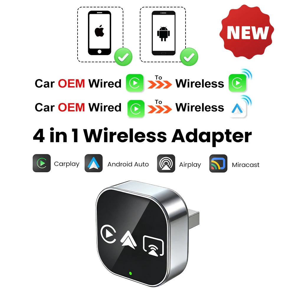 4IN1 Dongle Wireless Carplay Adapter USB Plug Play WiFi Bluetooth for iPhone Carplay Airplay Android Auto Mirrorlink Connect