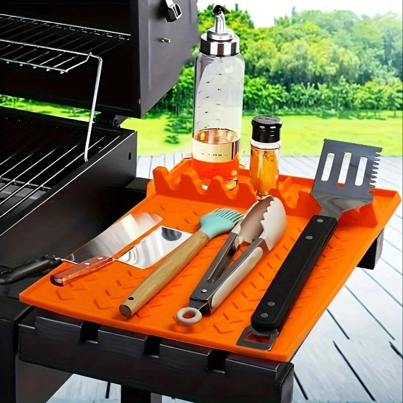 Silicone  Mat for Side Burner Rack Kitchen Utensil Storage Holder Outdoor Grill Countertop Silicone Pad with Drip Tray