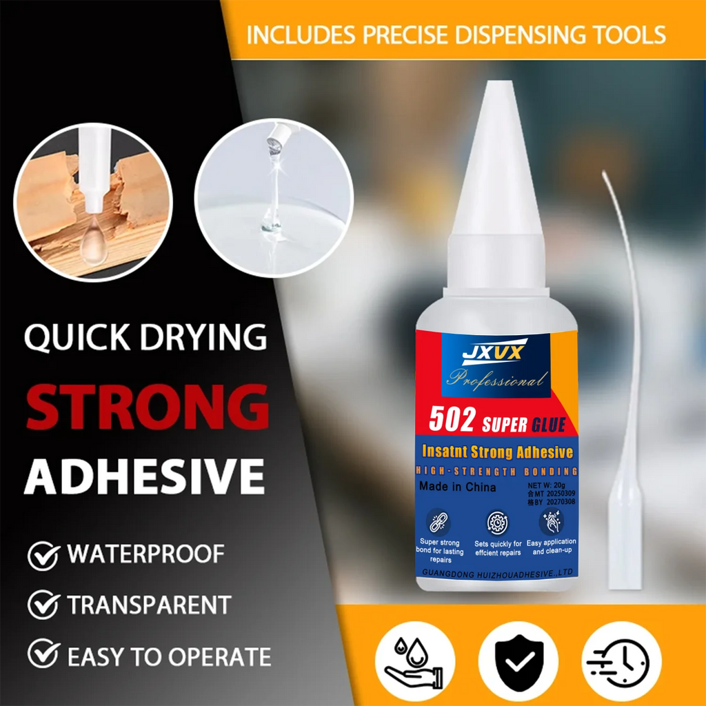 20g 502 Multi-Purpose Super Glue Instant Quick-drying Cyanoacrylate Waterproof Adhesive Leather Rubber Glass Wood Metal Strong Bond Liquid Glue Tool Includes precision dispenser 1-10pcs.
