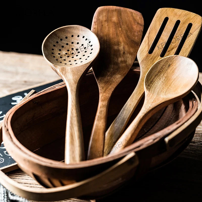 4/7/9PCS Wooden Spoons For Cooking Wooden Utensils For Cooking With Utensils Holder Teak Wooden Kitchen Utensils Set