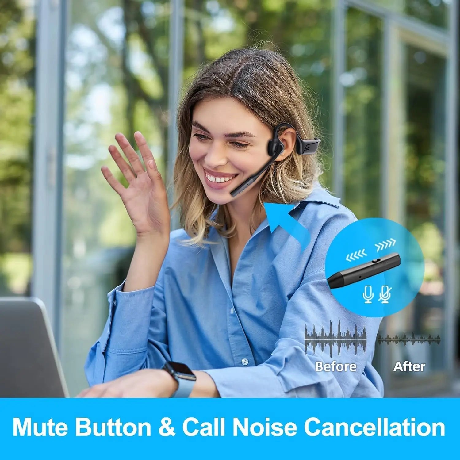 Eppfun Open Ear Air Conduction Bluetooth Headphones, AptX-LL Boom Microphone and Mute Button, for Driving, Phone Call, Office