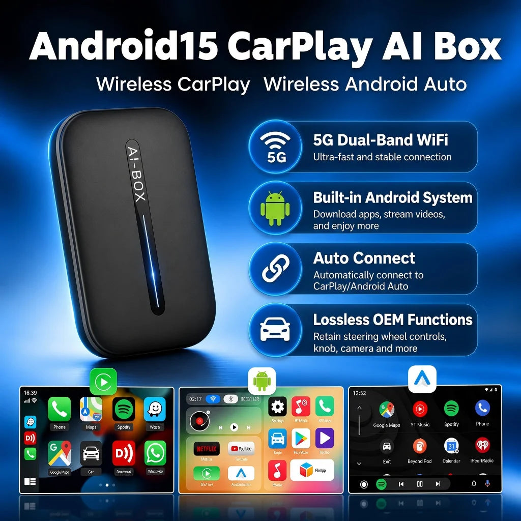 CarPlay AI Box, Android 15, Wireless CarPlay & Wireless Android Auto, Built-in Netflix & YouTube Mazda VW Ford Mercedes Toyota