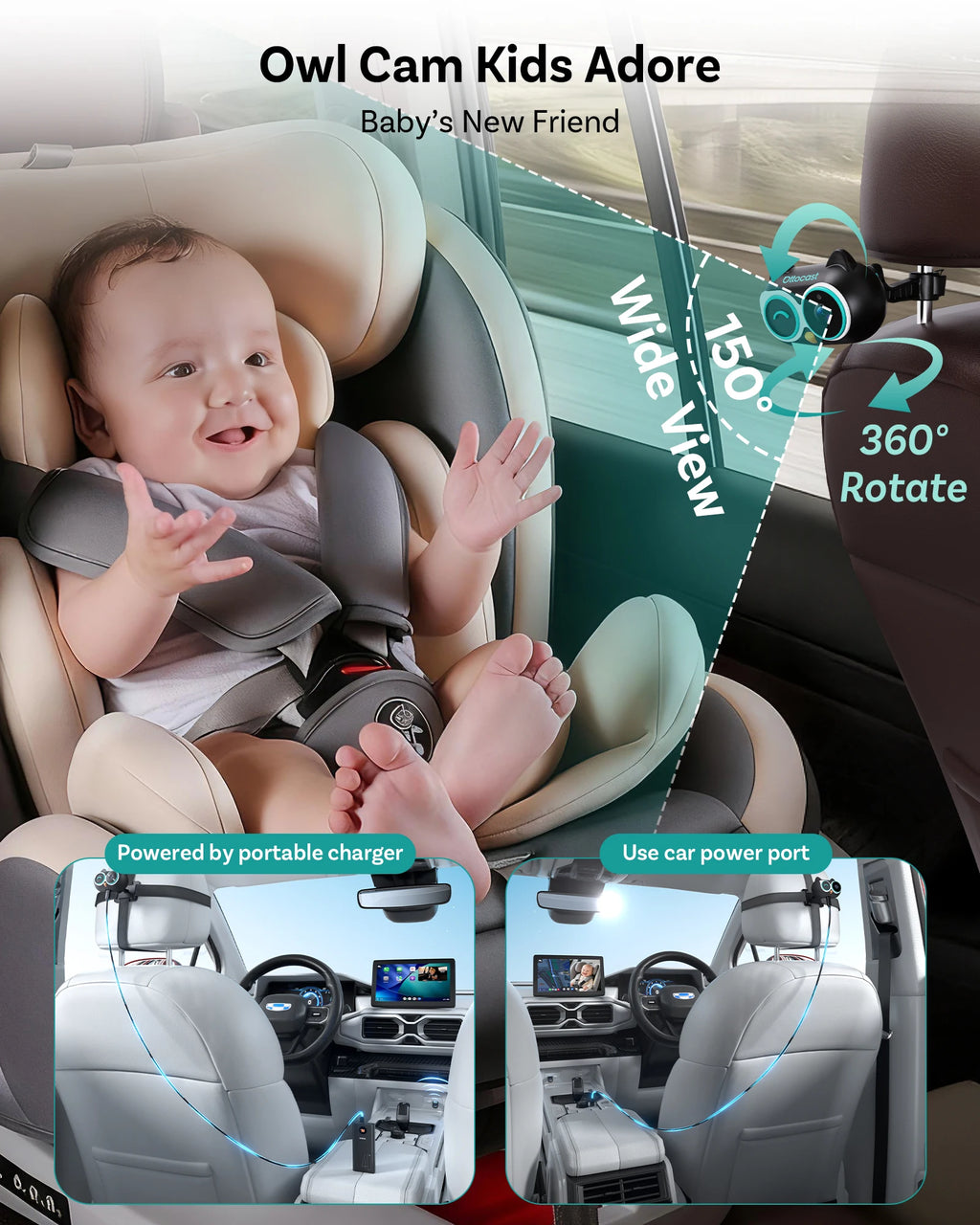 OTTOCAST Cabin Care Wired to Wireless Carplay Adapter Baby Car Camera HD 1080P 150° Wide Angle Night Vision Back‑Seat Monitor