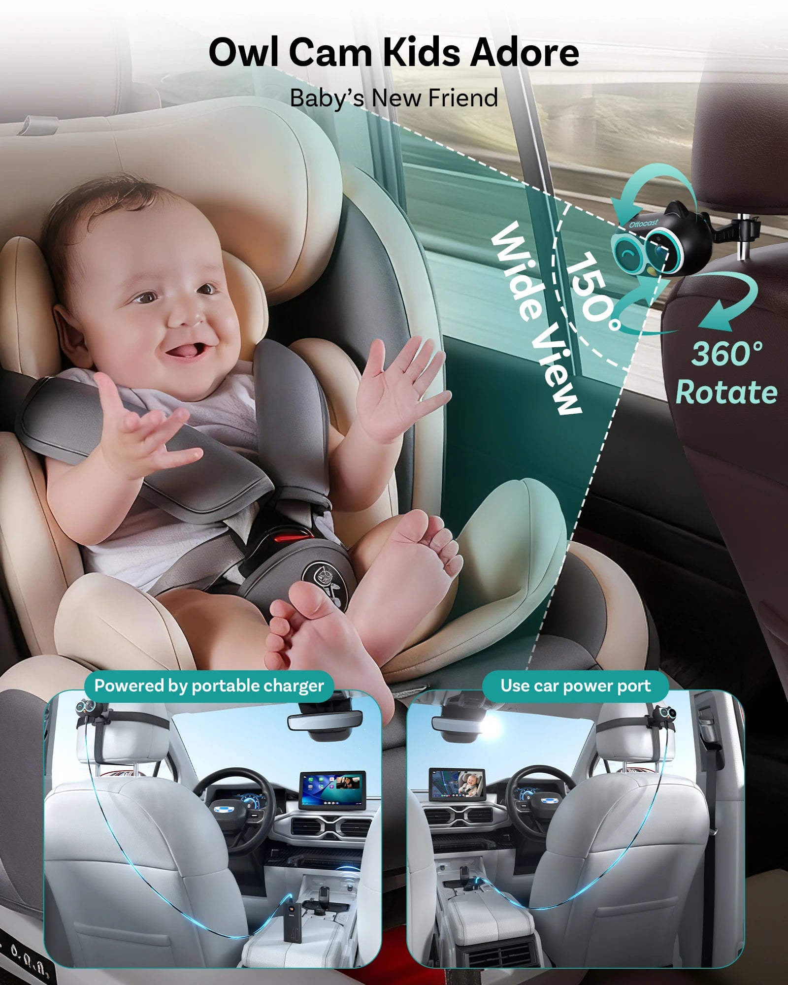 OTTOCAST Cabin Care Wired to Wireless Carplay Adapter Baby Car Camera HD 1080P 150° Wide Angle Night Vision Back‑Seat Monitor