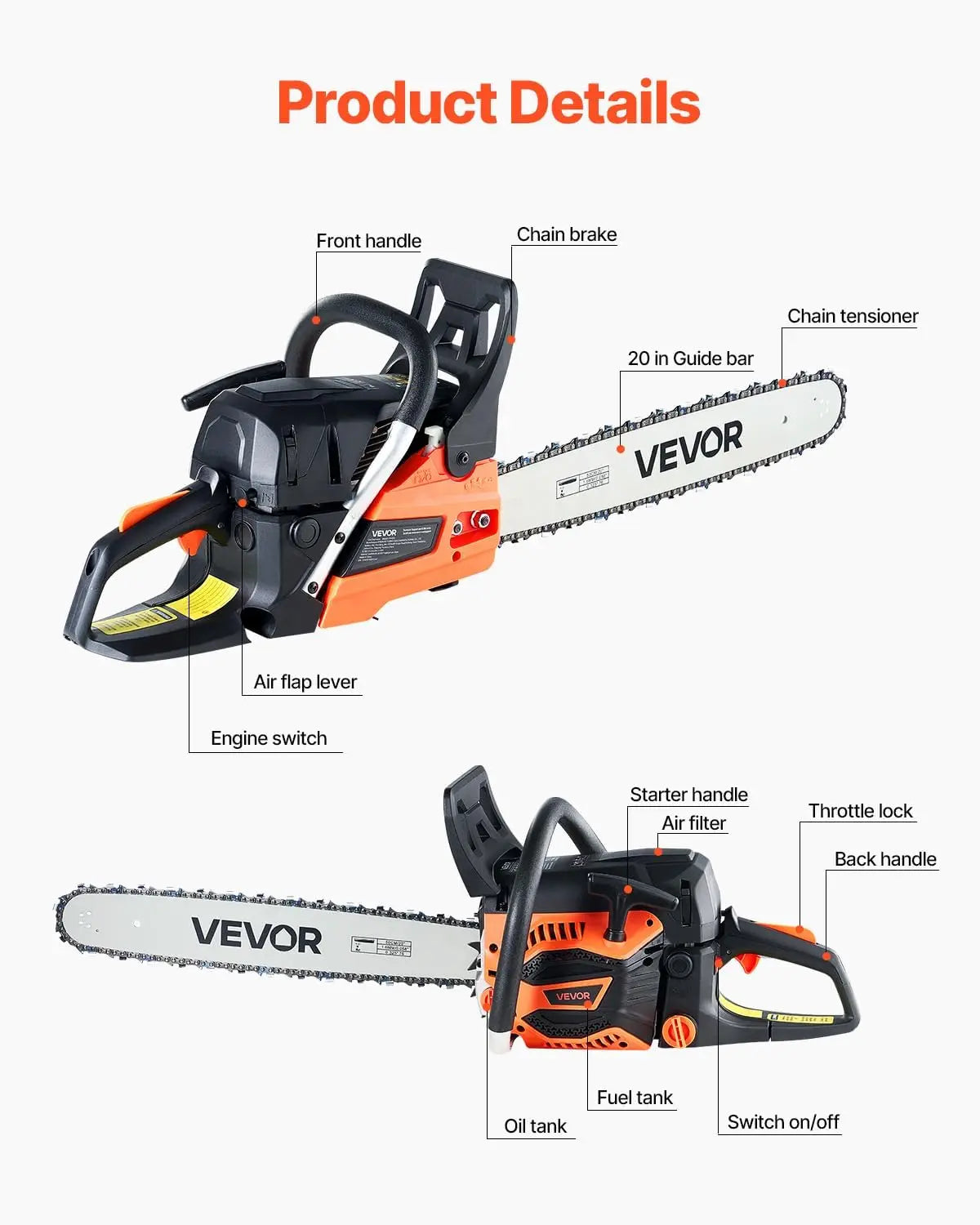 Chainsaw 58CC 2-Cycle  20 Inch Handheld Cordless Petrol Chain Saws For Forest, Wood, Garden and Farm Cutting Use