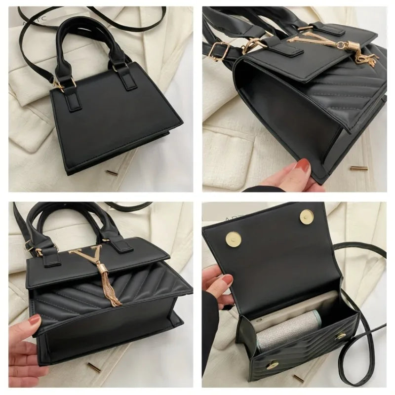Fashion Quilted Top-Handle Bag, Gold V-Shape Tassel Hardware Satchel with Detachable Strap, Elegant Crossbody Purse for Women