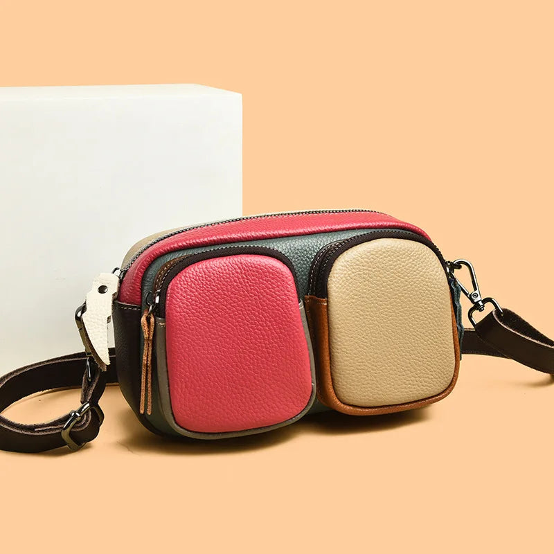 Women's color-blocking, large-capacity single-shoulder bag with top layer cowhide and multi-functional crossbody bag