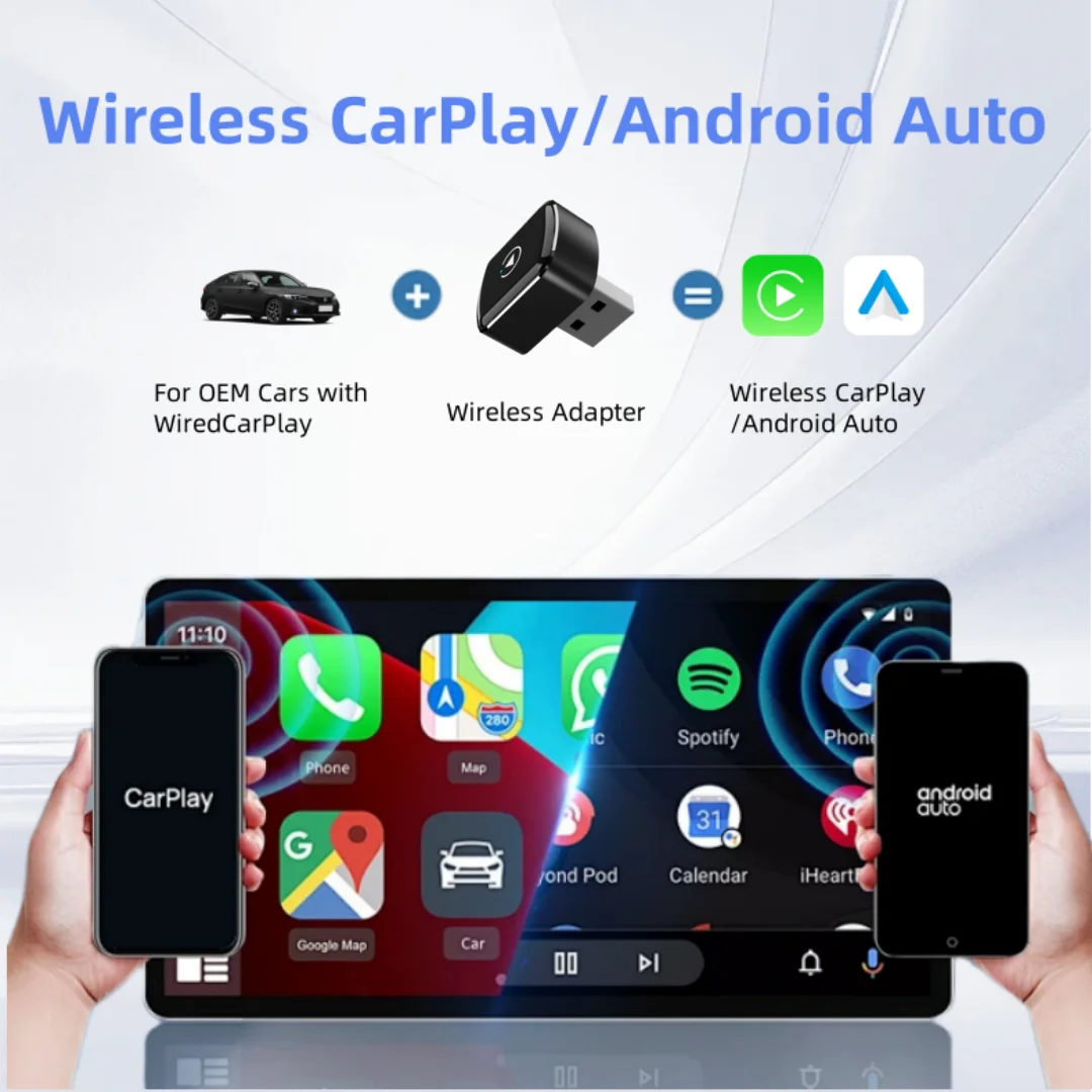 2-in-1 Wireless CarPlay and Android Auto Adapter - Plug-and-play, fast auto-connect, USB/USB-C ports, essential car accessory
