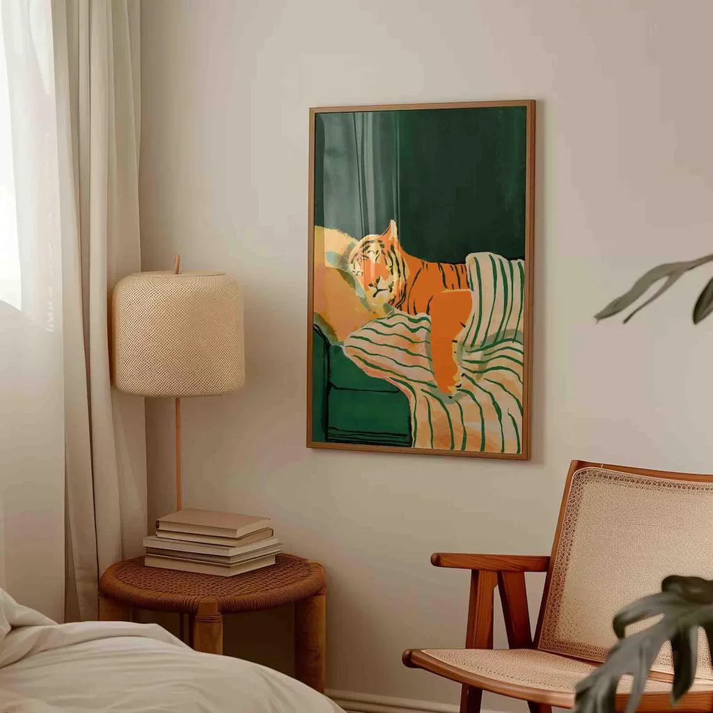 Emerald Green Tiger Art Print, Modern Animal Print, Dark Green Home Decor, Aesthetic Artwork, Green and Orange Painting, Shipped
