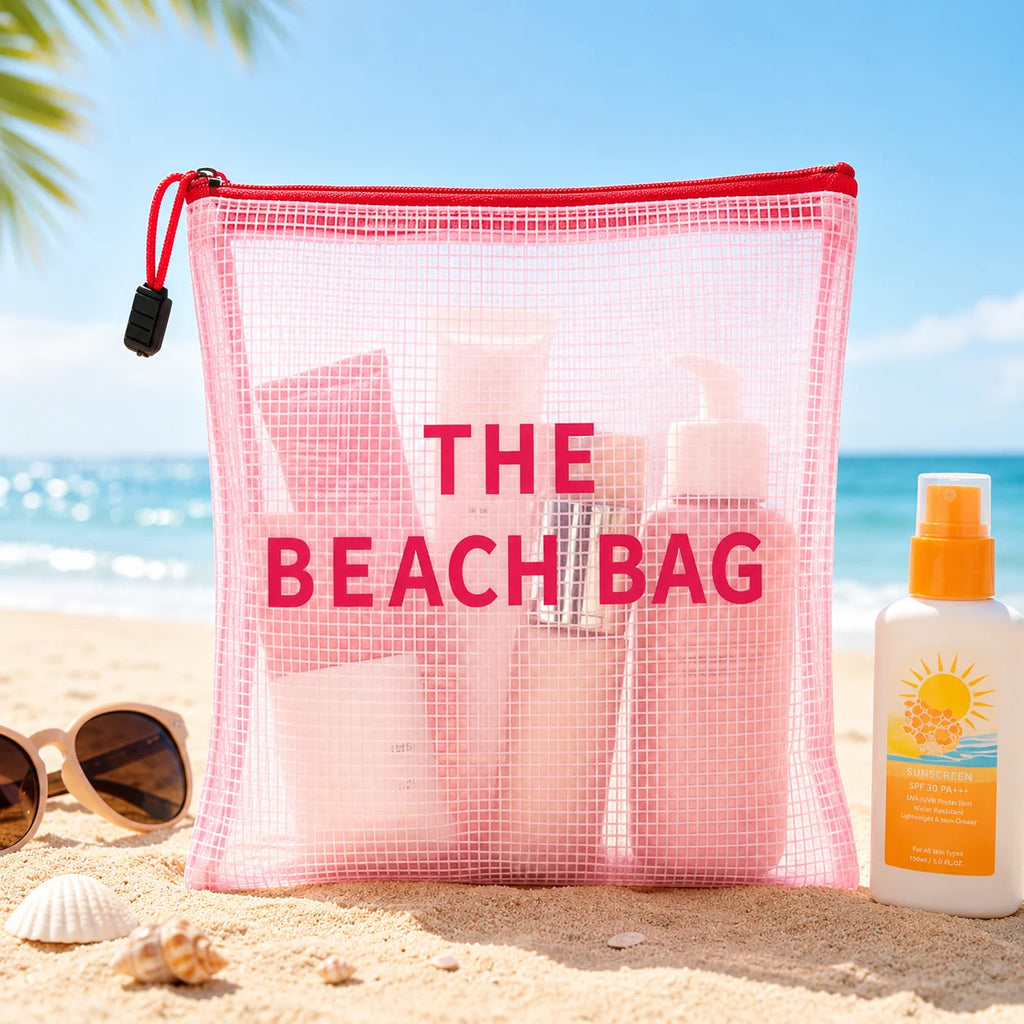 Pink Mesh Beach Bag, Waterproof Zipper Travel Cosmetic Pouch for Women, Large Capacity Toiletry Storage Organizer
