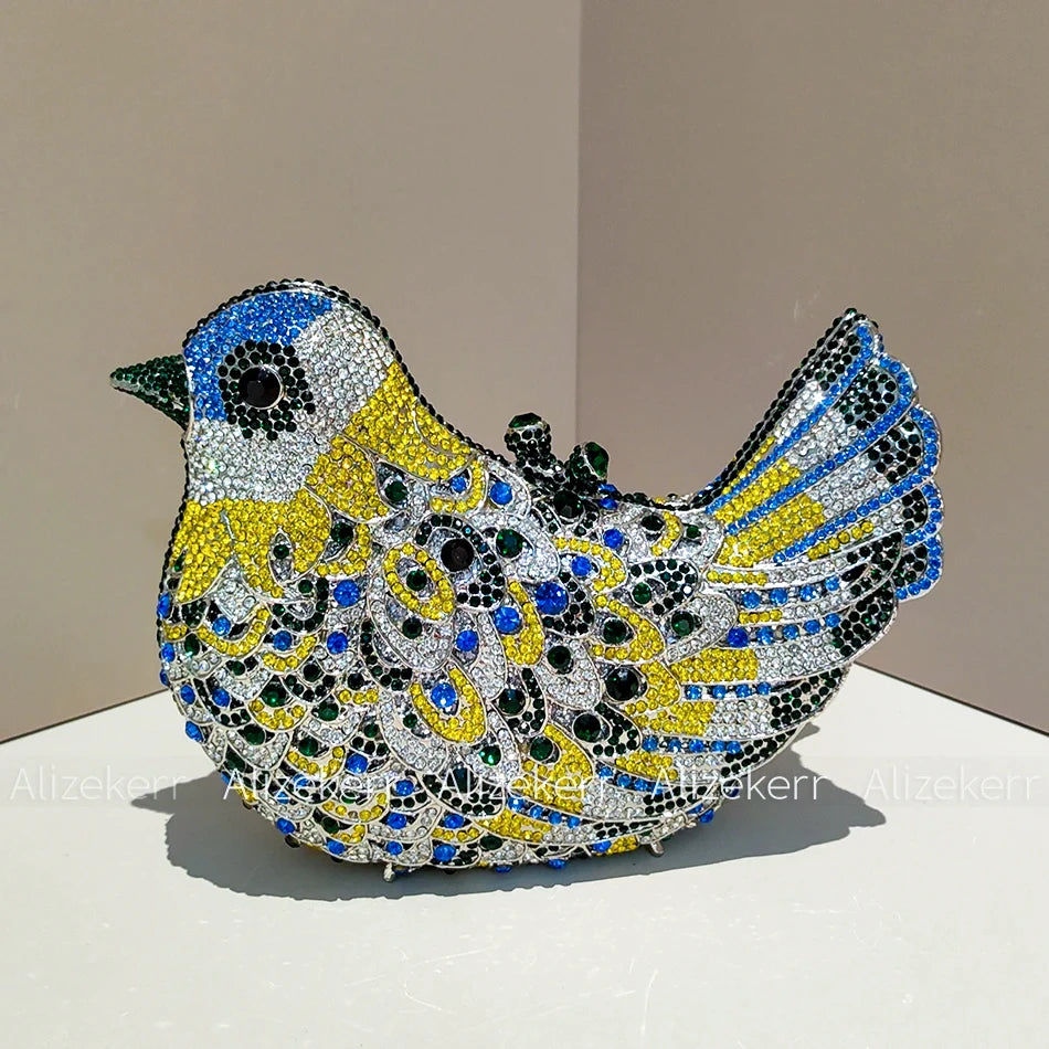 Alizekerr Pigeon Shaped Crystal Evening Bags Women Gorgeous Rhinestone Metallic Bird Clutch Purses Ladies Unique Handbags Party