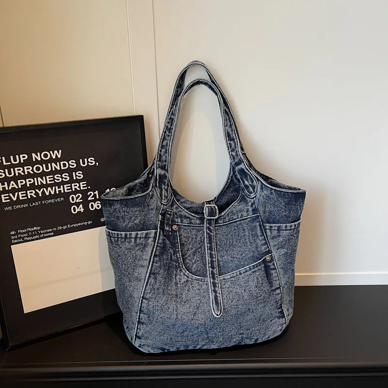 Retro Washed Women Tote Bag New Lazy Style Versatile Shoulder Bag Fashion Commuting Travel Armpit Storage Bag