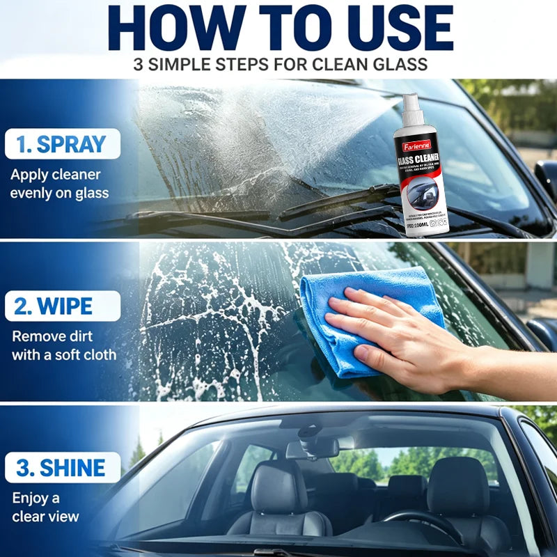 KJM Car Glass Cleaner Spray 100ml Windshield Oil Film Water Spot Remover Streak Free Auto Window Cleaning Liquid