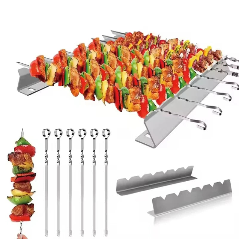 Skewer Holder Anti-slip Groove Stainless Steel Heavy Duty Long BBQ Tools Barbecue Grilling Shish Kabob Rack Outdoor Tools