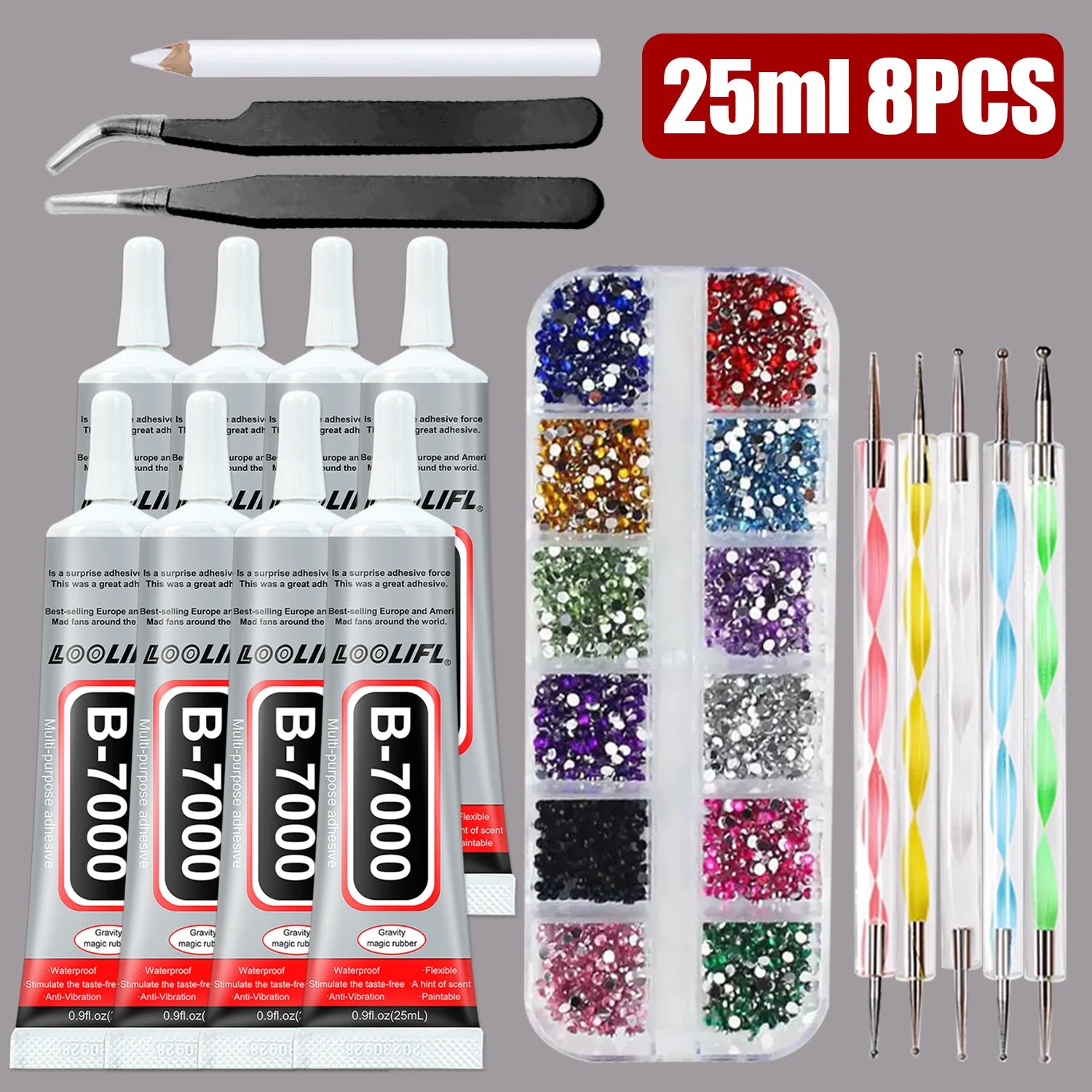 LOOLIFL B-7000 25ml Clear Glue + Nail Art Rhinestone Tools - Precise Tip Adhesive for DIY Manicure, Jewelry & Craft Repairs