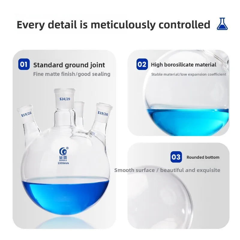 4 Neck Round Bottom Flask 100/150/250/500/1000/2000/5000ml Reaction Bottle Lab Glassware