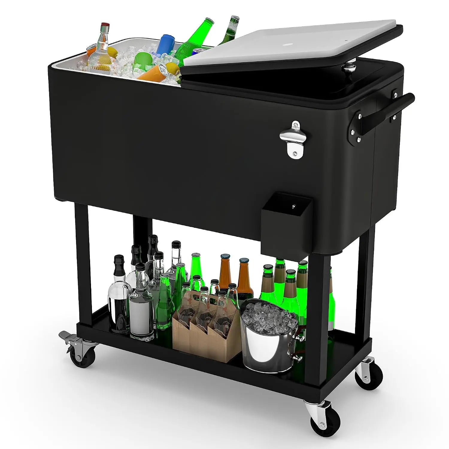 Portable Wheeled Patio Cooler Cart,Bottle Opener & Drainage,Outdoor Beverage Ice Chest, Custom