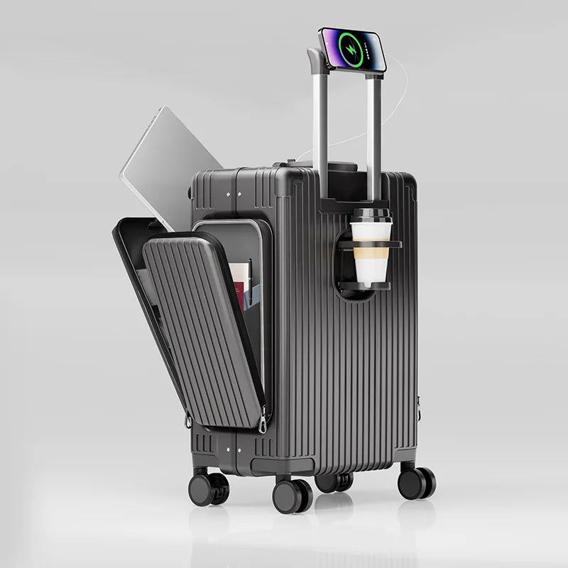 New-style three-opening multifunctional front-opening suitcase, 20-inch PC material with double side pockets, large-capacity tra