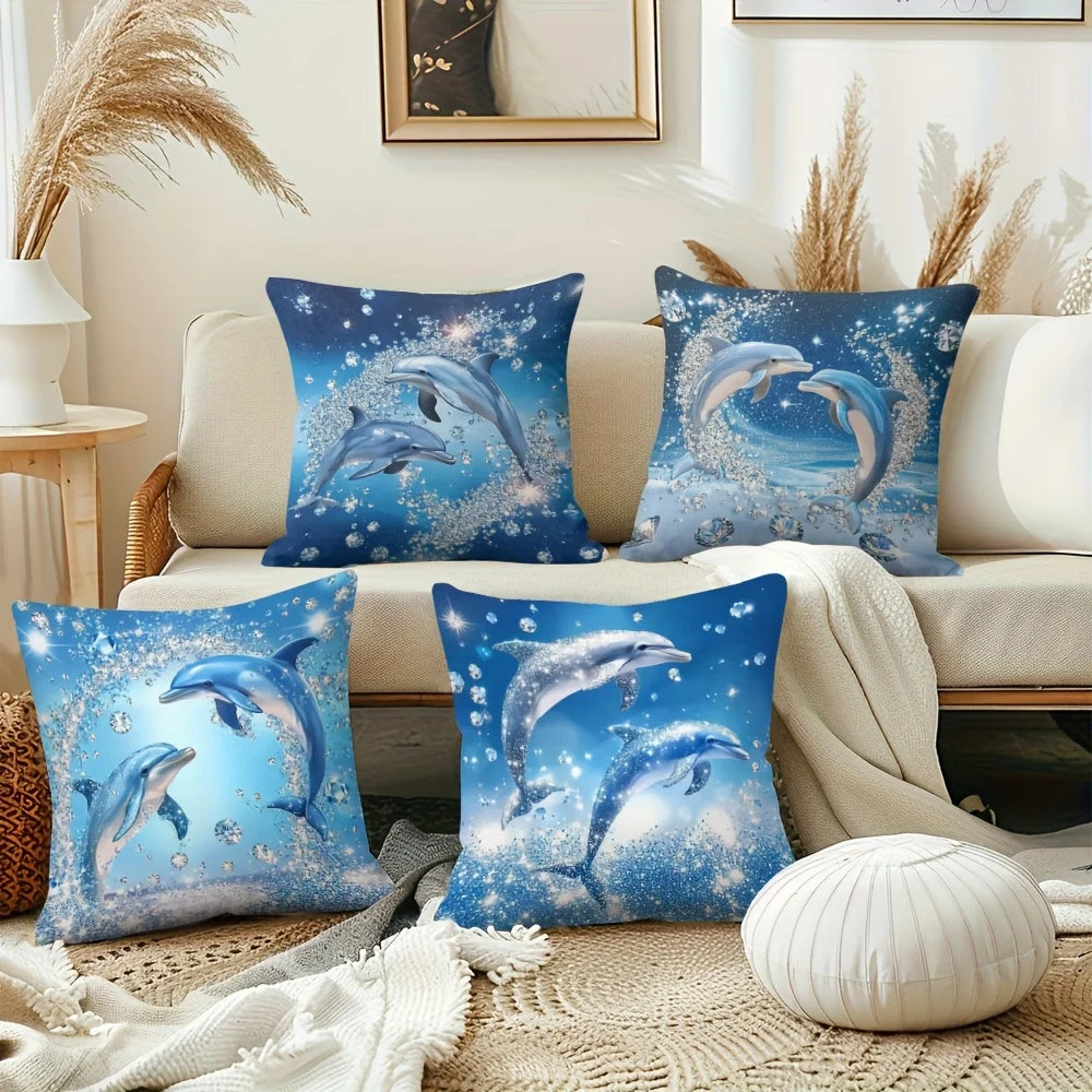 4pcs Linen Pillow Covers 45x45cm Dolphin Ocean Print Cushion Cases Blue Sparkle Bubbles for Sofa Bed Decor Zipper Closure