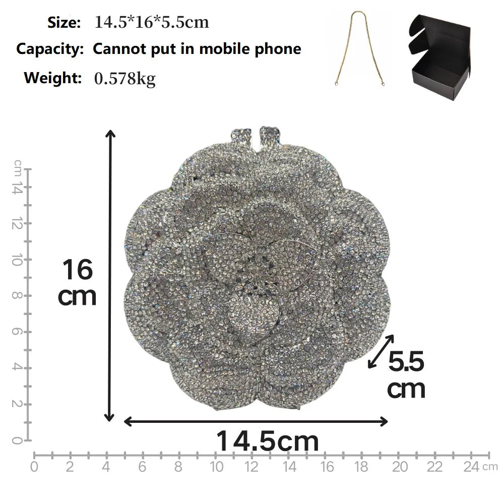 Rose Flower Crystal Evening Bags for Women Rhinestone Clutches Luxury Elegant Handbags Wedding Bride Gift Bags Banquet Shiny Bag