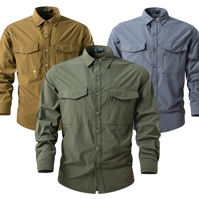 Men Long Sleeves Cargo Tactical Hiking Shirts Summer Outdoor Quick Dry Long Sleeve Shirts Breathable Hiking Work Cargo Shirts