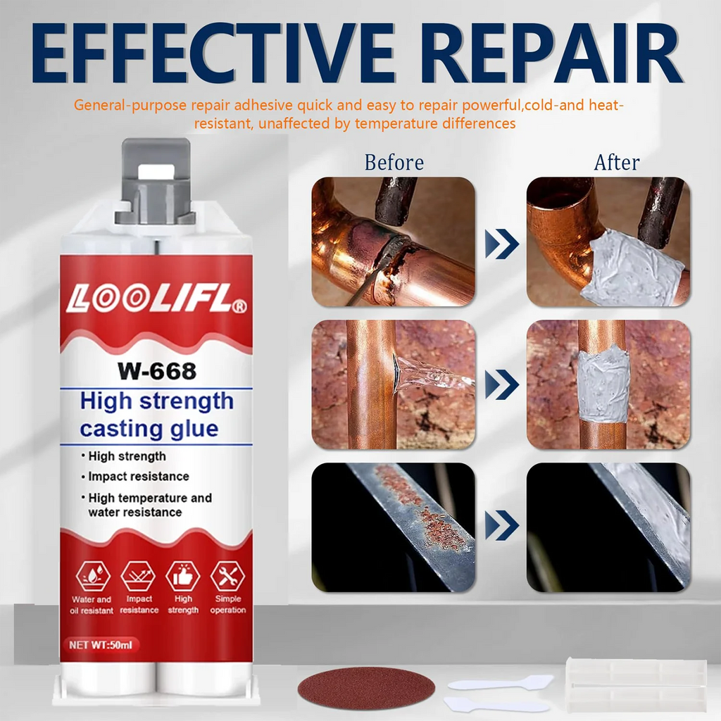 AB Casting Adhesive, Metal Crack Repair, Leak-Proof Sealing, Bonds Iron, Aluminum, Copper, Steel, Ceramics, and Plastics, High Temperature Resistance up to 150°C, High Strength.