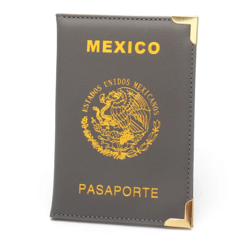 Mexican Passport Holder Golden Metal Copper Corners Passport Organizer Leather Slim Passport Case Plane Ticket Holder ID Holder