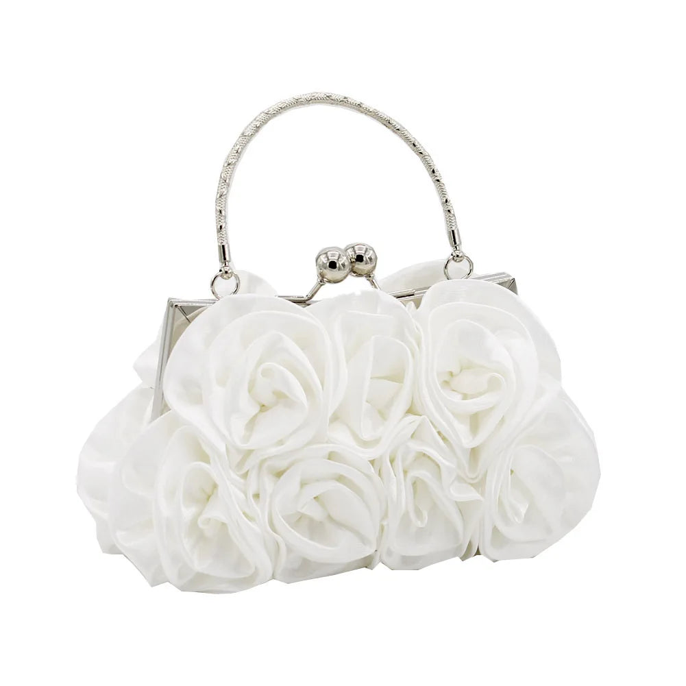 Satin Flower Clutch Bags For Women Banquet Party Evening Bags Metal Handbags Retro Blue Silver Black Chain Shoulder Bag female