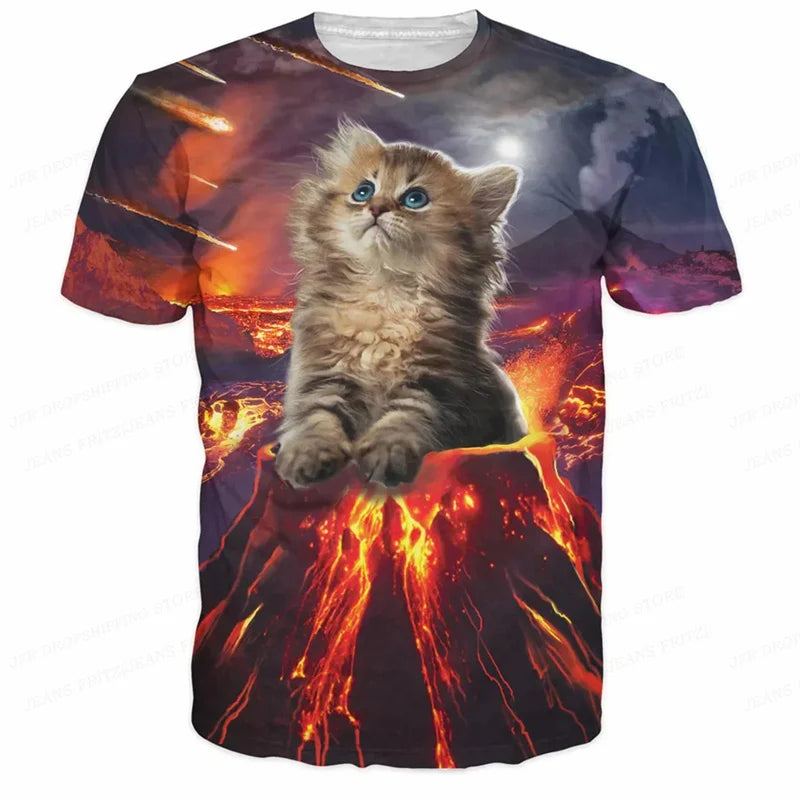 3D Printed Funny Cat T Shirt for Men Animal Food Pattern Tees Summer Street Oversize Short Sleeve Tops Loose Round Neck T-Shirts