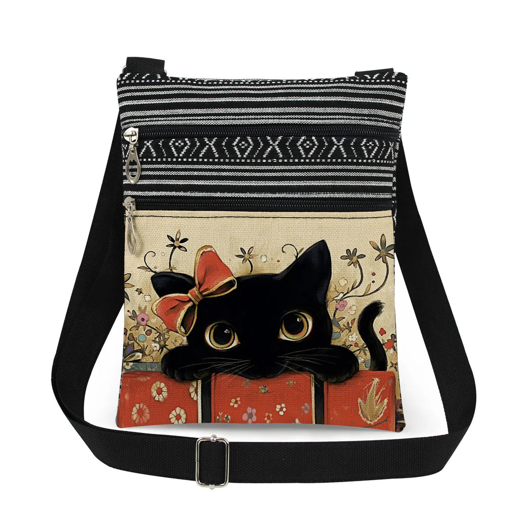 Cute Cartoon Black Cat Print Crossbody Bags Shoulder Bags For Women Daily Travel Portable Small Messenger Bags Catkeeper Gift